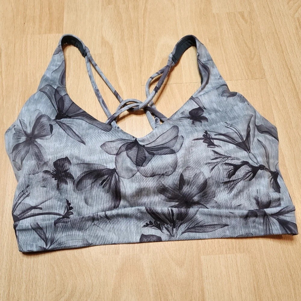 Athleta Solace Sports Bra Grey/Green Floral Strappy Size Large Buttery Soft